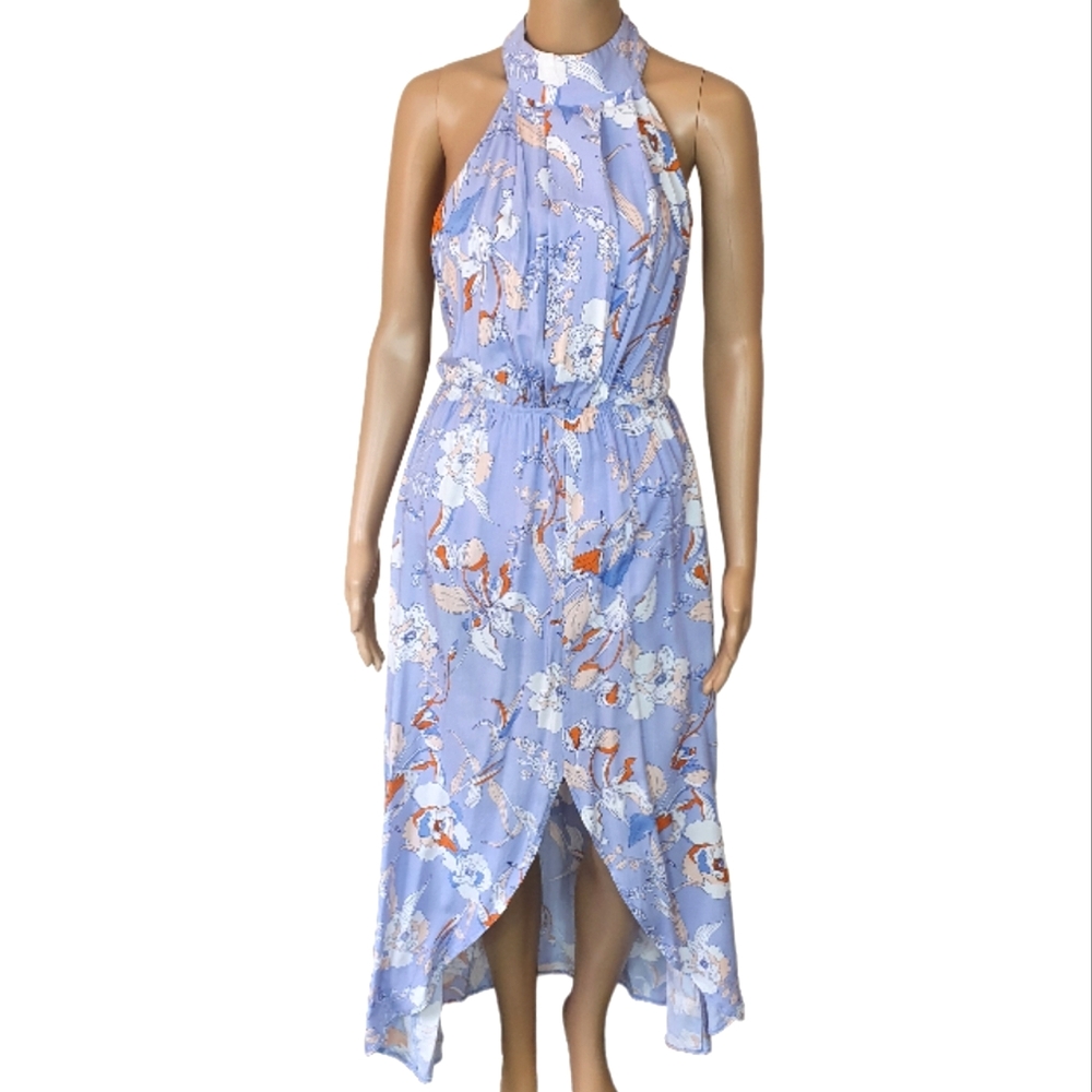 White closet floral maxi wrap dress halter Sz 10 split pleated blue - Picture 1 of 5